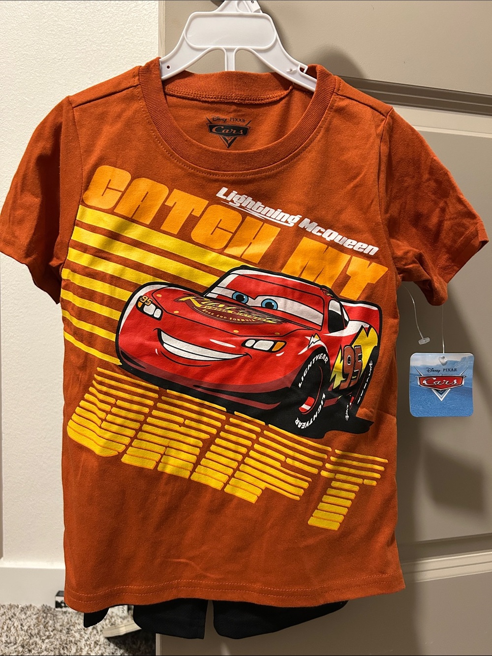 Disney Orange Tee with Red Lightning McQueen and Yellow Accents with shorts